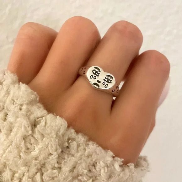 Jewelry - 925 Sterling Silver Minimalist Crying Face Ring Sad Face Ring Geometric Ring